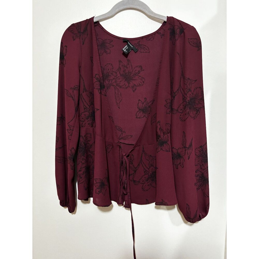 Forever 21 Wine Floral Tie Front Blouse S Fairy Grunge Romantic Witchy Aesthetic - Picture 4 of 10